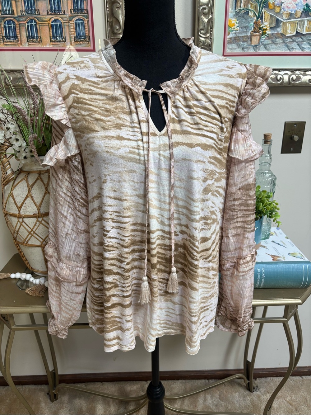 Cupio Beige & Cream Animal Print Ruffle Tie-Neck Blouse With Tassels Size Large